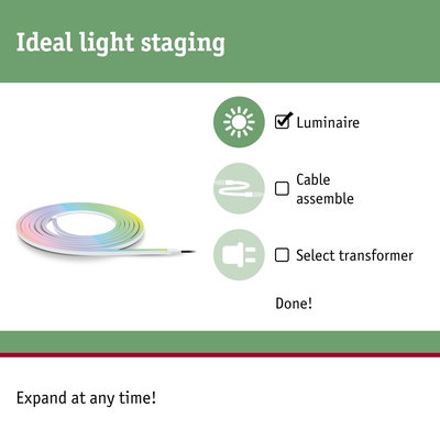 Colourful LED light strip roll with guide for ideal light staging and options for luminaire, cable, and transformer