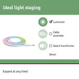 Colourful LED light strip roll with guide for ideal light staging and options for luminaire, cable, and transformer