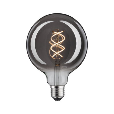 Rund LED-pære med spiralfilament i røgfarvet glas til dekorativ belysning og energibesparende lamper.