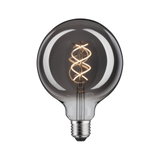 Rund LED-pære med spiralfilament i røgfarvet glas til dekorativ belysning og energibesparende lamper.