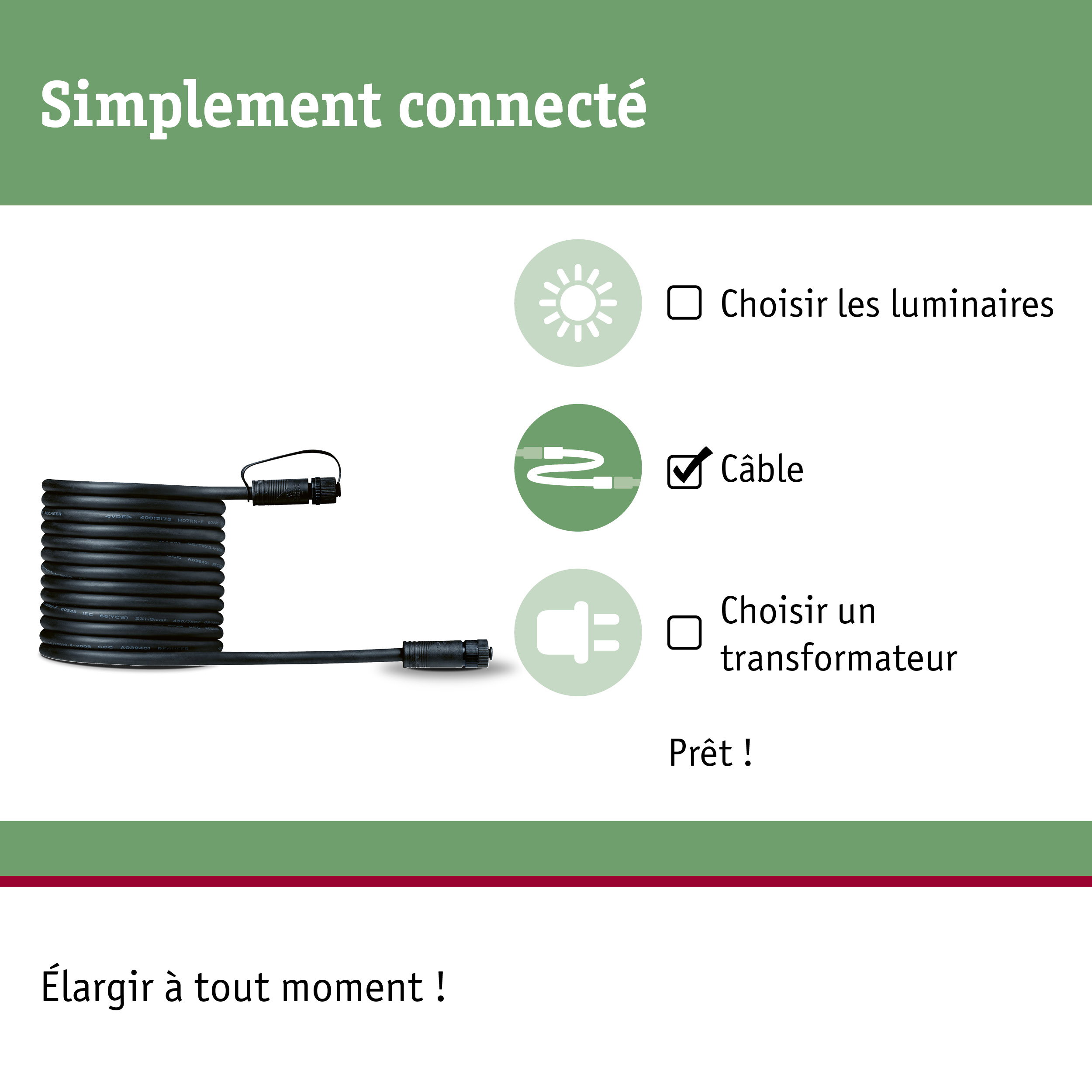 Câble d'extension noir avec connecteur pour systèmes d'éclairage, matériau flexible