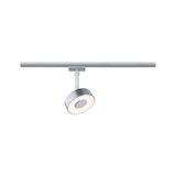 Moderner LED-Schienenstrahler in Aluminium mit rundem, weißem Leuchtring für flexible Beleuchtung