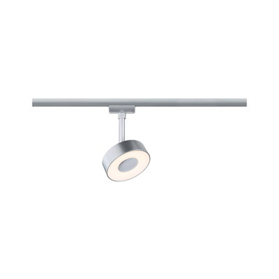 Moderner LED-Schienenstrahler in Aluminium mit rundem, weißem Leuchtring für flexible Beleuchtung