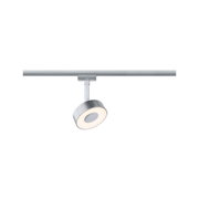 Moderner LED-Schienenstrahler in Aluminium mit rundem, weißem Leuchtring für flexible Beleuchtung