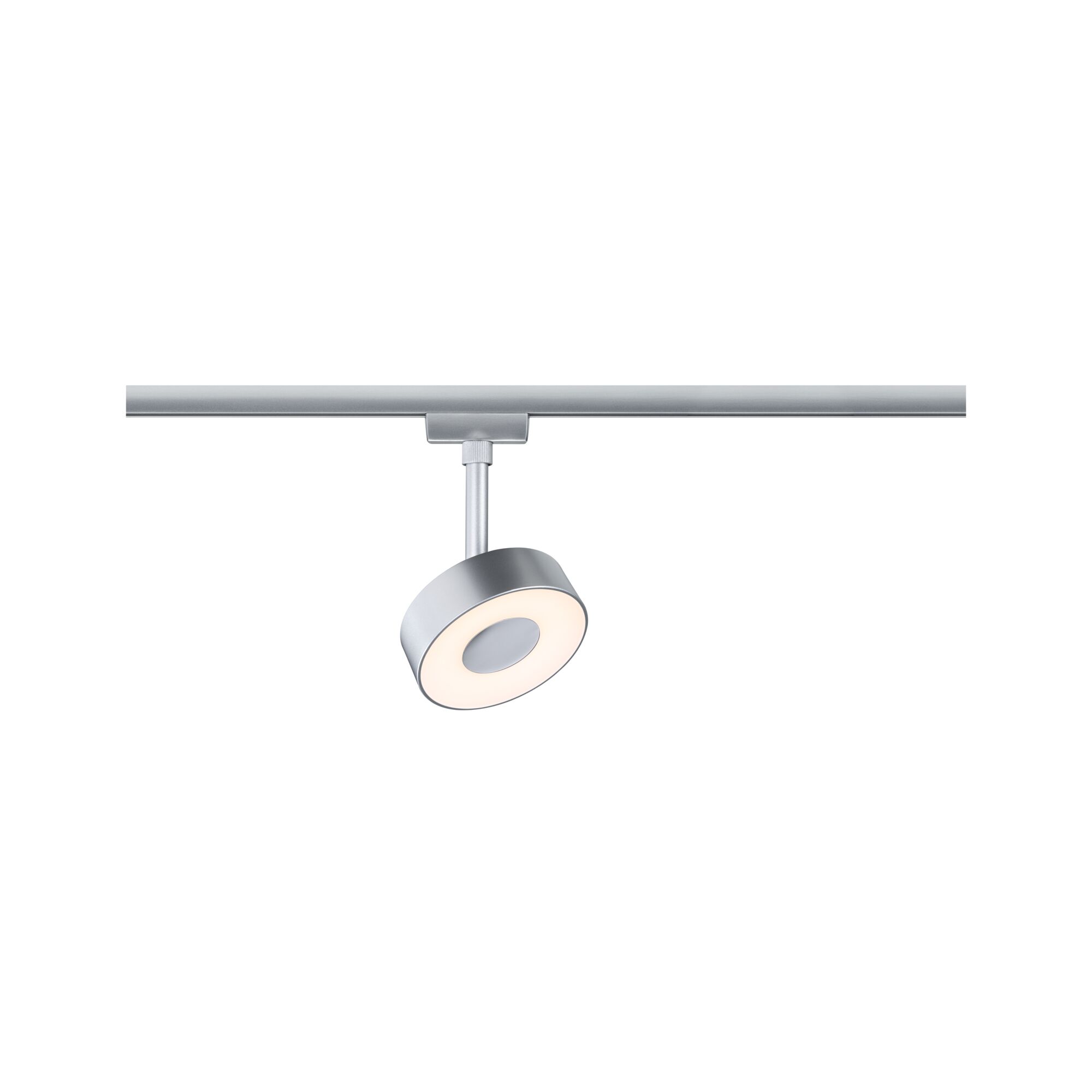 Moderner LED-Schienenstrahler in Aluminium mit rundem, weißem Leuchtring für flexible Beleuchtung