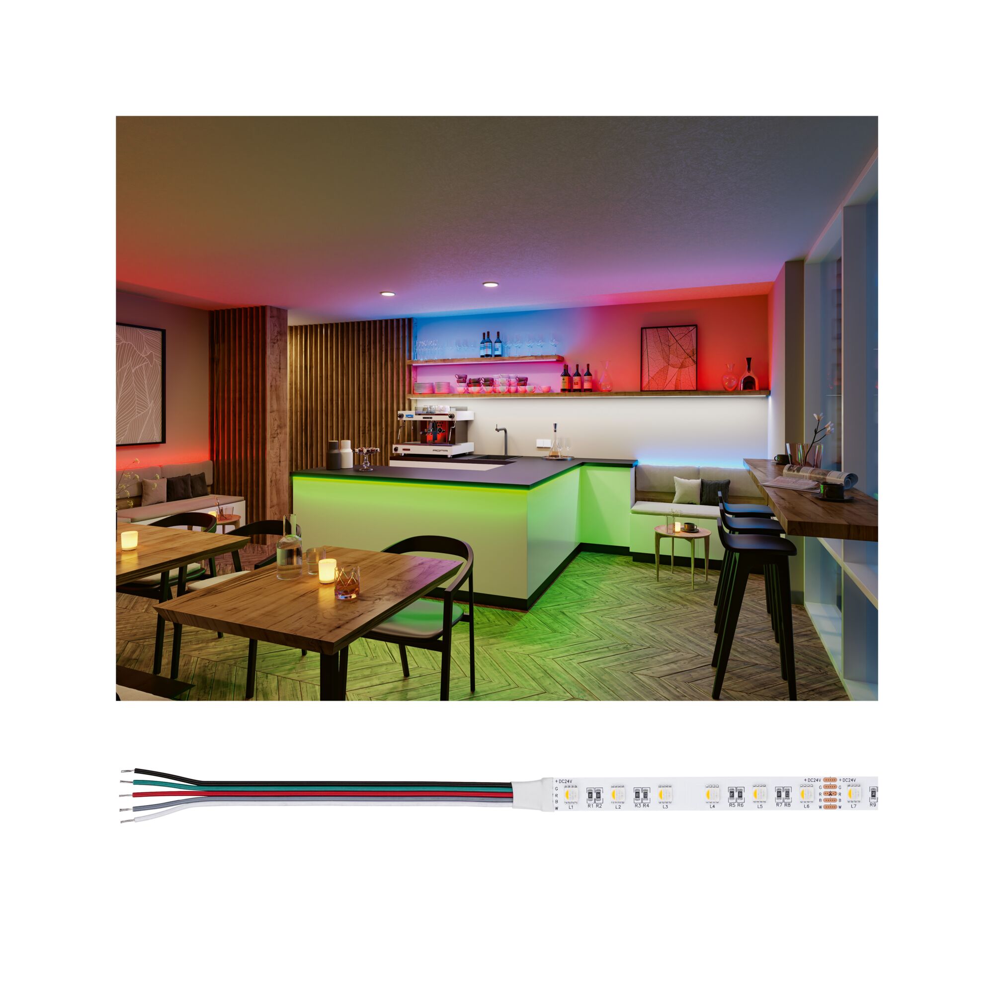 RGB LED-Lichtband mit flexiblen Kabeln und bunten Leuchtdioden für moderne Raumbeleuchtung.