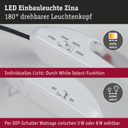 Weiße LED Einbauleuchte Zina mit 180° drehbarem Leuchtenkopf und White Select Funktion für Lichtfarbe und Leistung