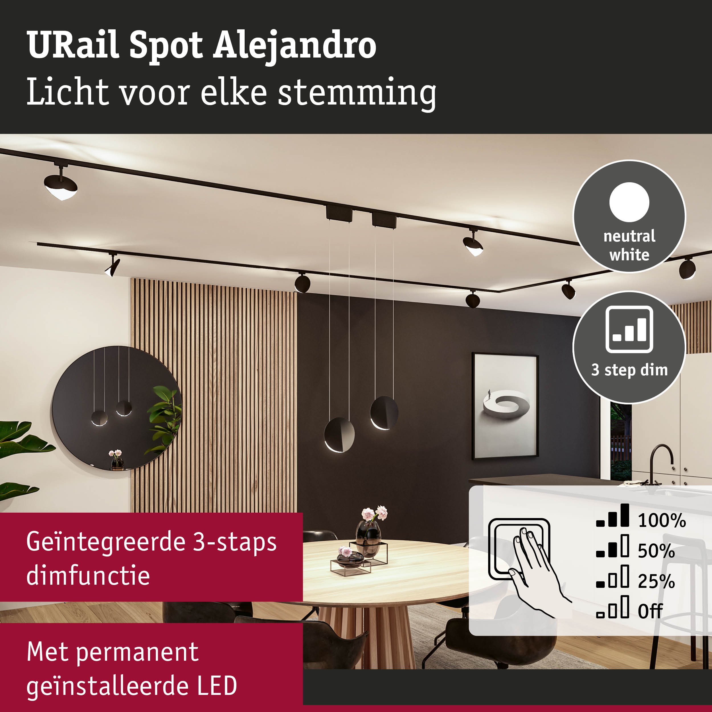 Zwart URail Spot Alejandro LED-schienensysteem met dimbare neutraalwitte verlichting in moderne eetkamer