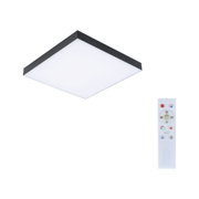 Square LED ceiling light with black frame and remote control for adjustable brightness.