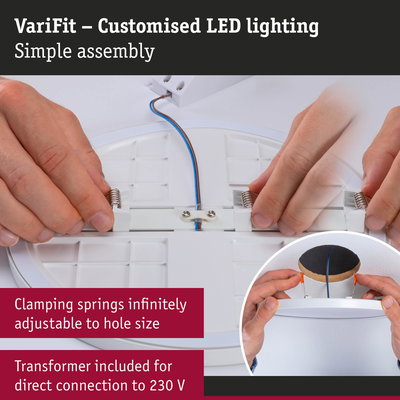 VariFit LED recessed light with adjustable clamping springs and transformer for 230 V connection