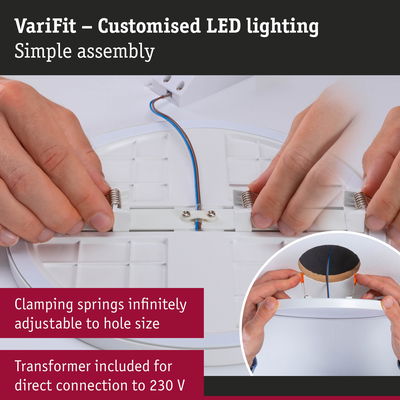 VariFit LED recessed light with adjustable clamping springs and transformer for 230 V connection