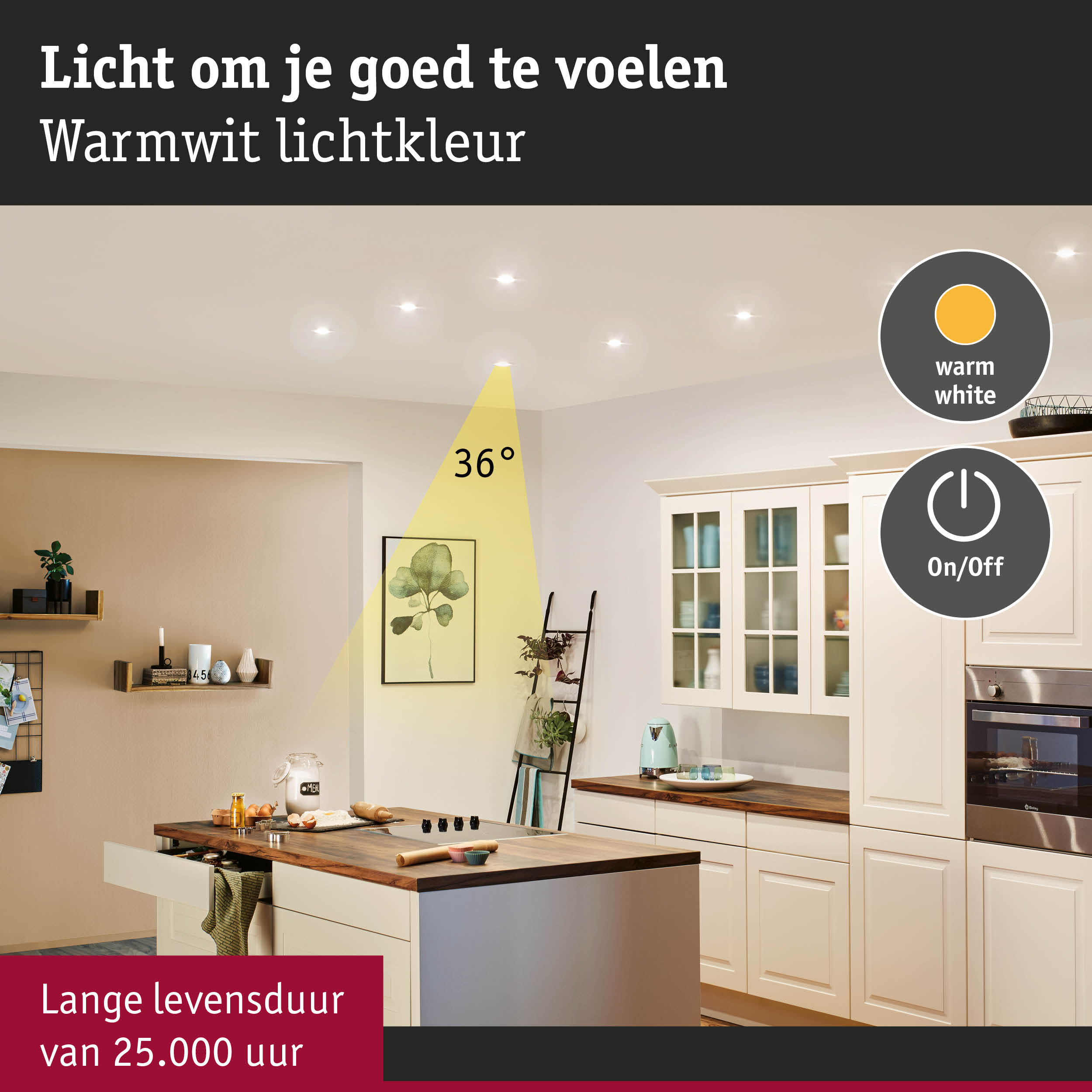 Moderne keuken met warmwit LED-plafondverlichting en lange levensduur van 25.000 uur