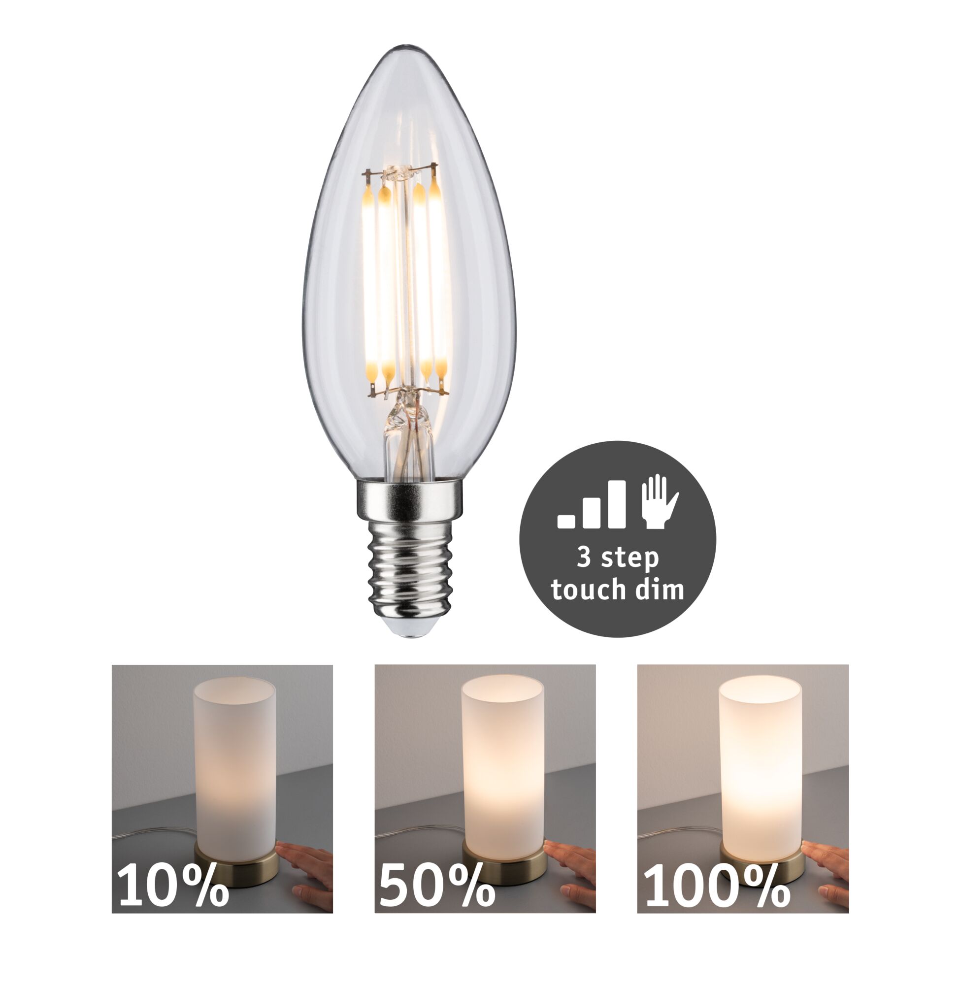 Clear LED bulb with E14 base and 3-step touch dimming for adjustable ambient lighting.