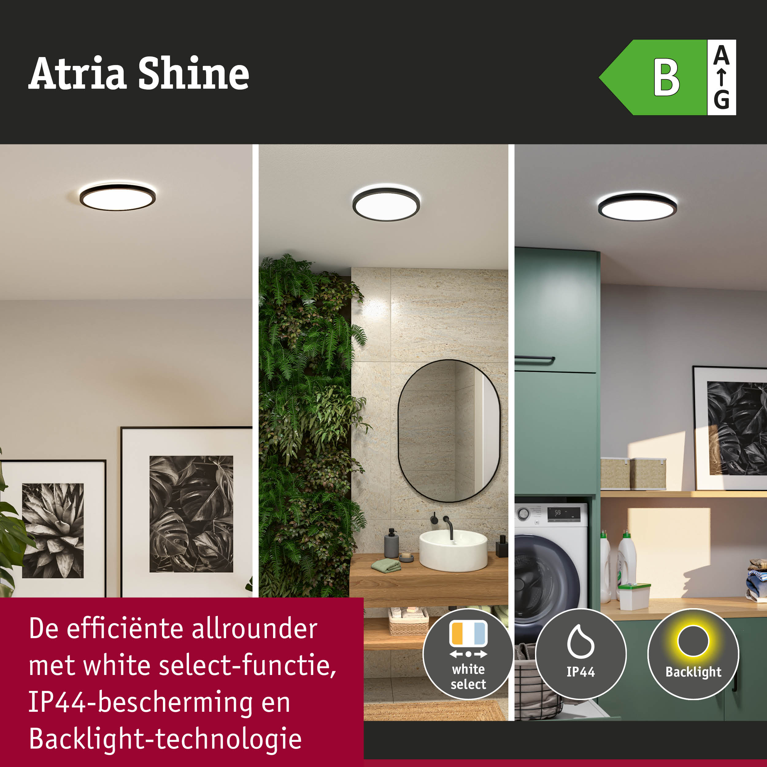 Atria Shine LED-plafondlamp met white select-functie, IP44-bescherming en backlight-technologie