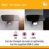 Black solar light with motion sensor on wall, shown day and night, energy-saving outdoor lighting