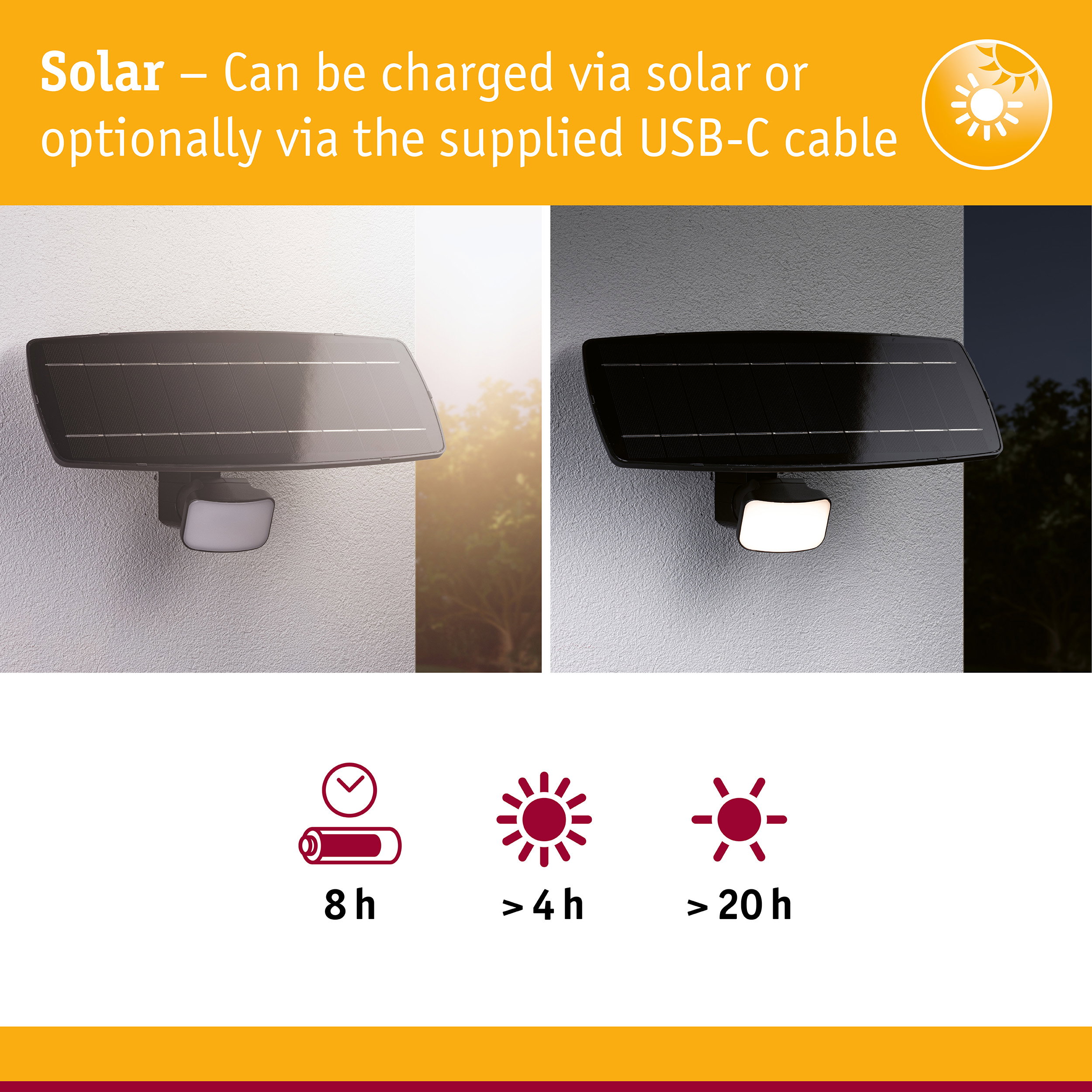 Black solar panel with LED light on white wall, energy-saving outdoor lighting solution