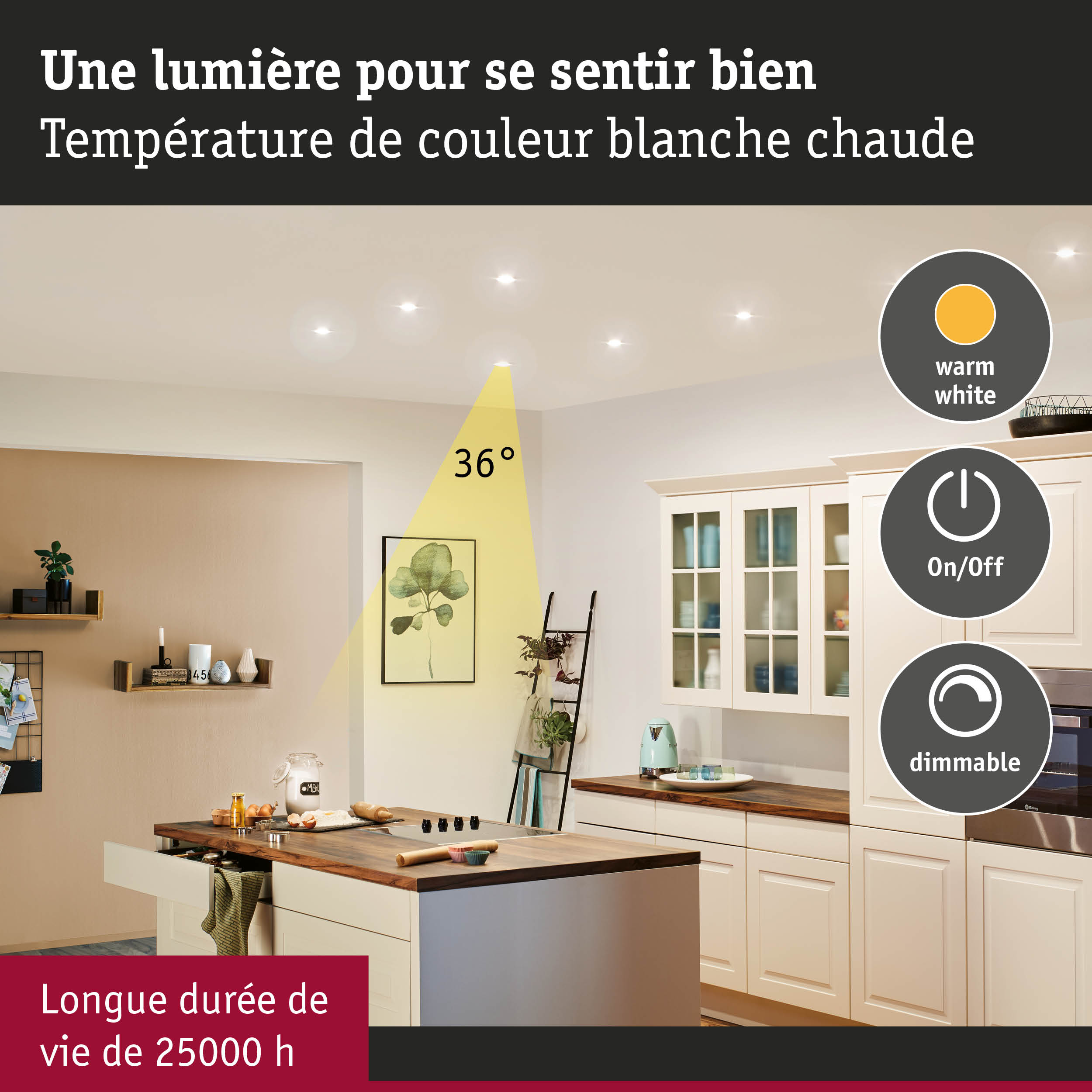 Cuisine moderne avec spots LED encastrés blanc chaud, dimmables et durée de vie de 25000 heures