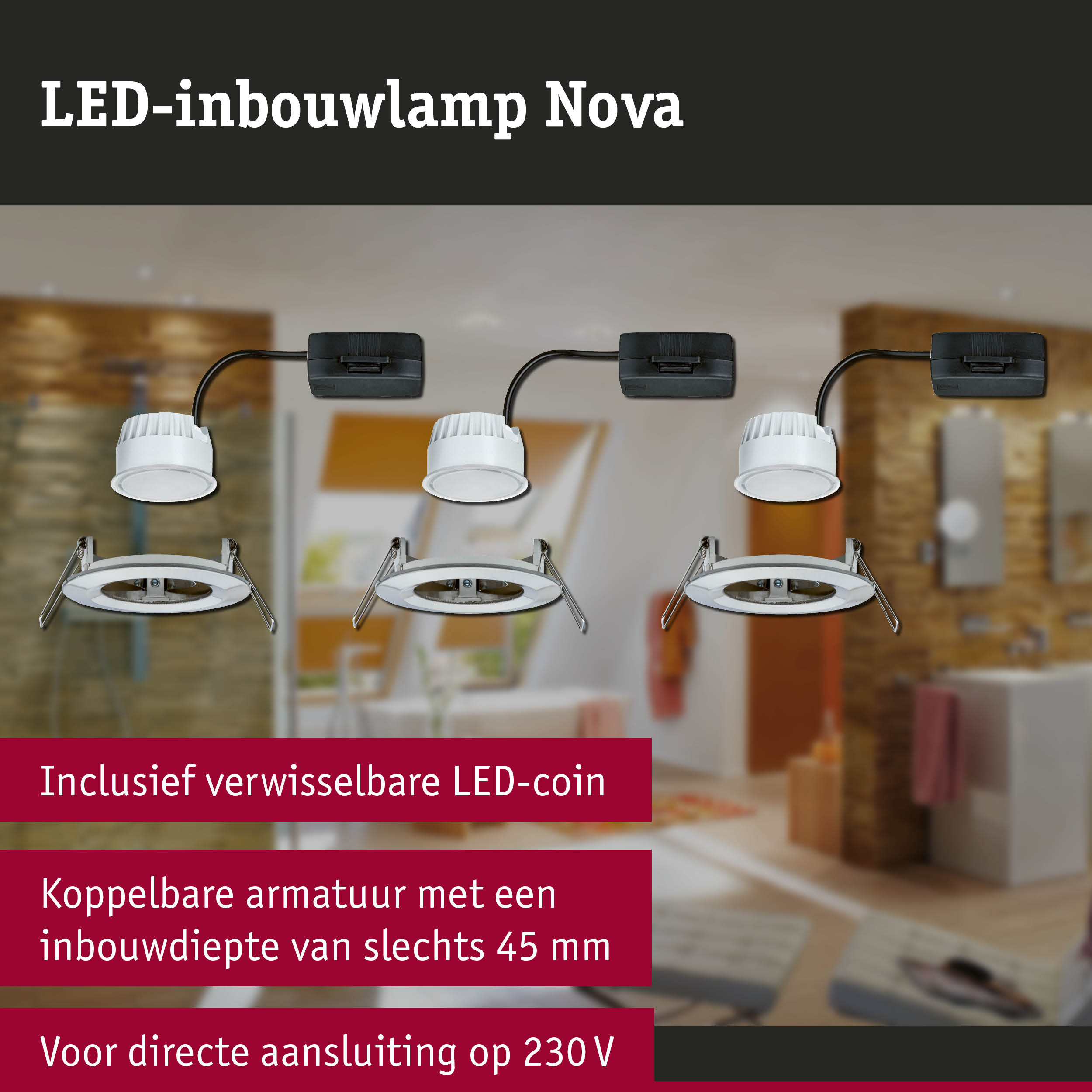 Witte LED-inbouwlamp Nova met verwisselbare LED-coin en inbouwdiepte van 45 mm