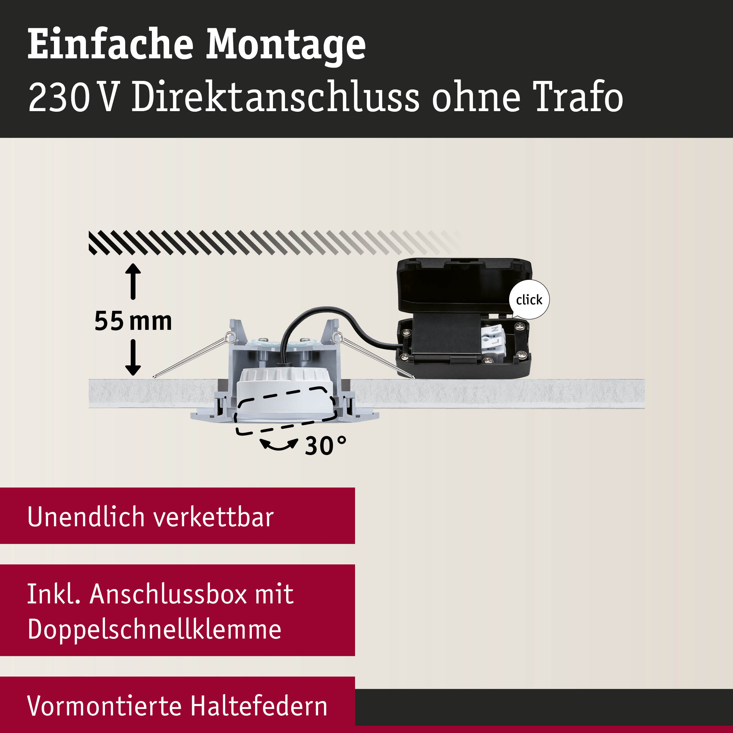 230V Einbaustrahler mit Anschlussbox und Doppelschnellklemme, 55 mm Einbautiefe, 30° schwenkbar