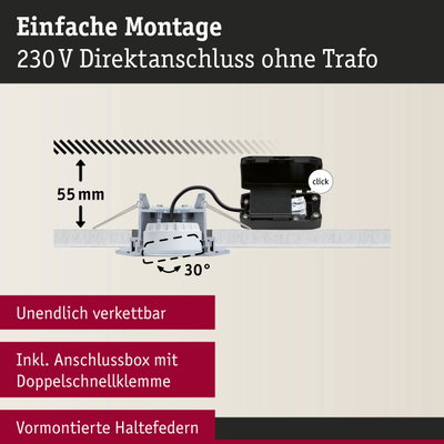 230V Einbaustrahler mit Anschlussbox und Doppelschnellklemme, 55 mm Einbautiefe, 30° schwenkbar