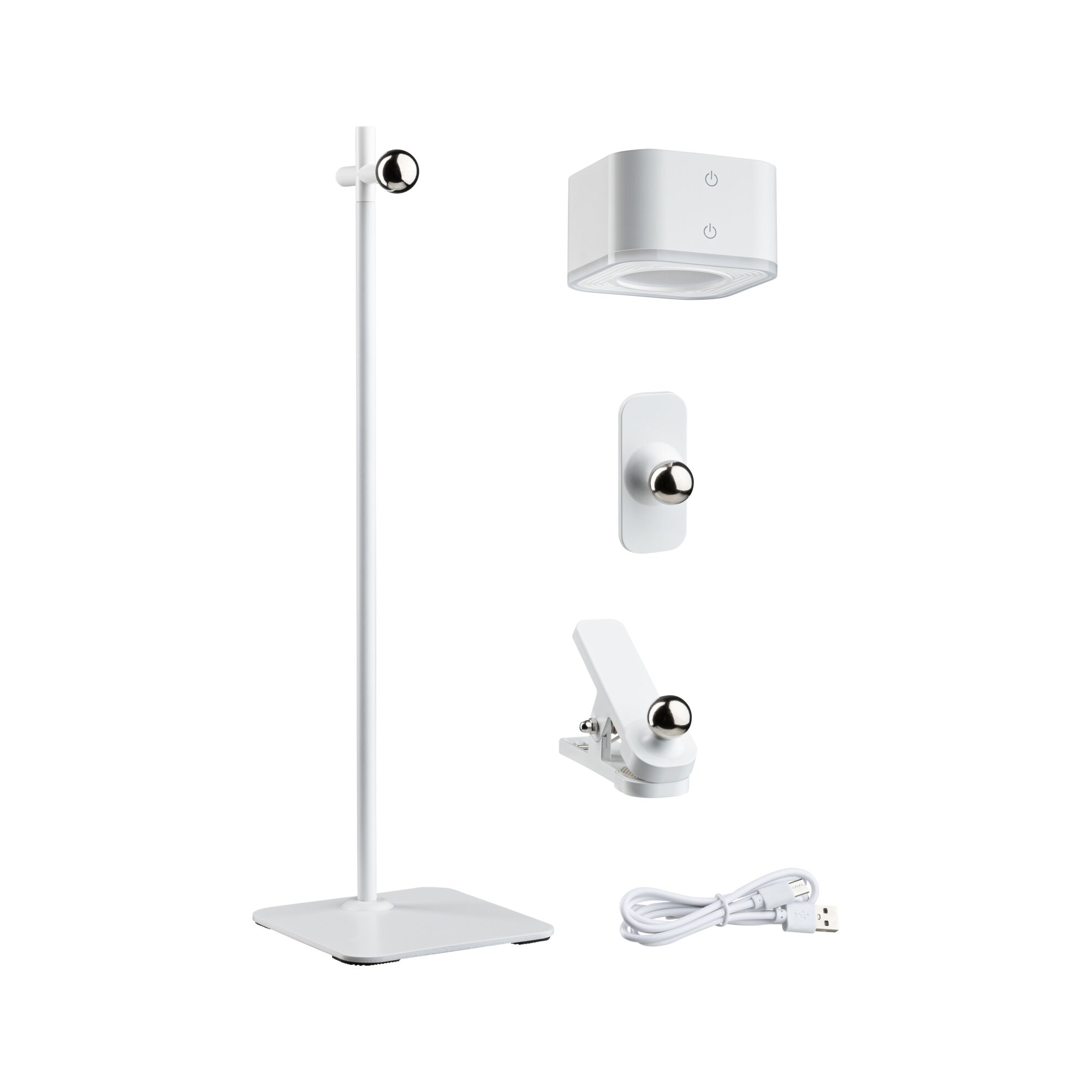 White LED light set with stand, clip, wall mount, and USB cable for versatile lighting options