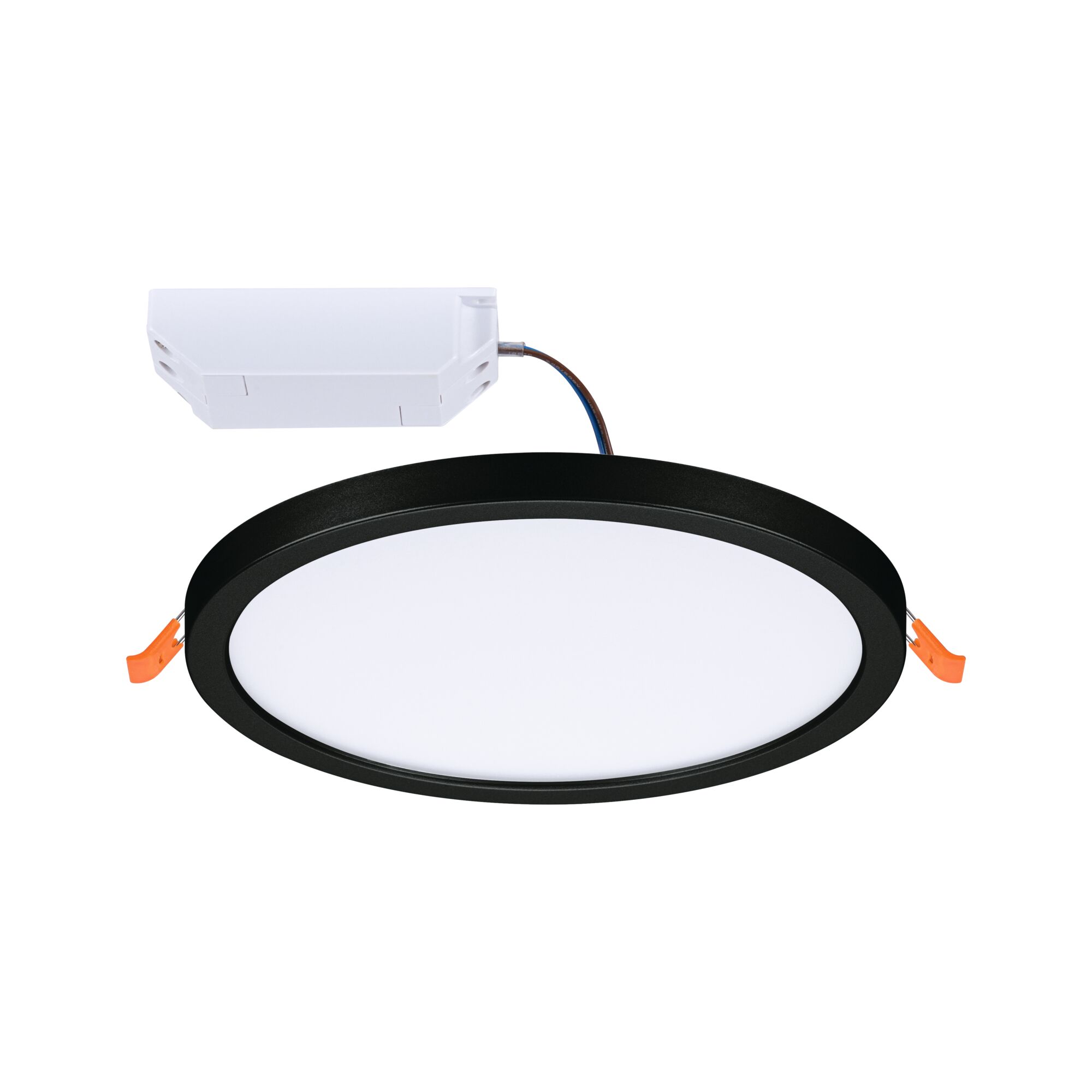 Round LED recessed panel with black frame and white diffuser, energy-saving ceiling light
