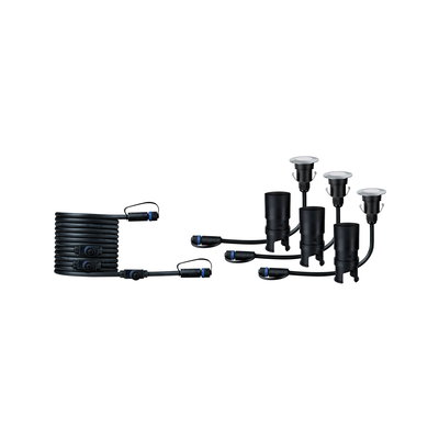 Black LED garden lighting set with cable and three recessed outdoor lights for landscaping.