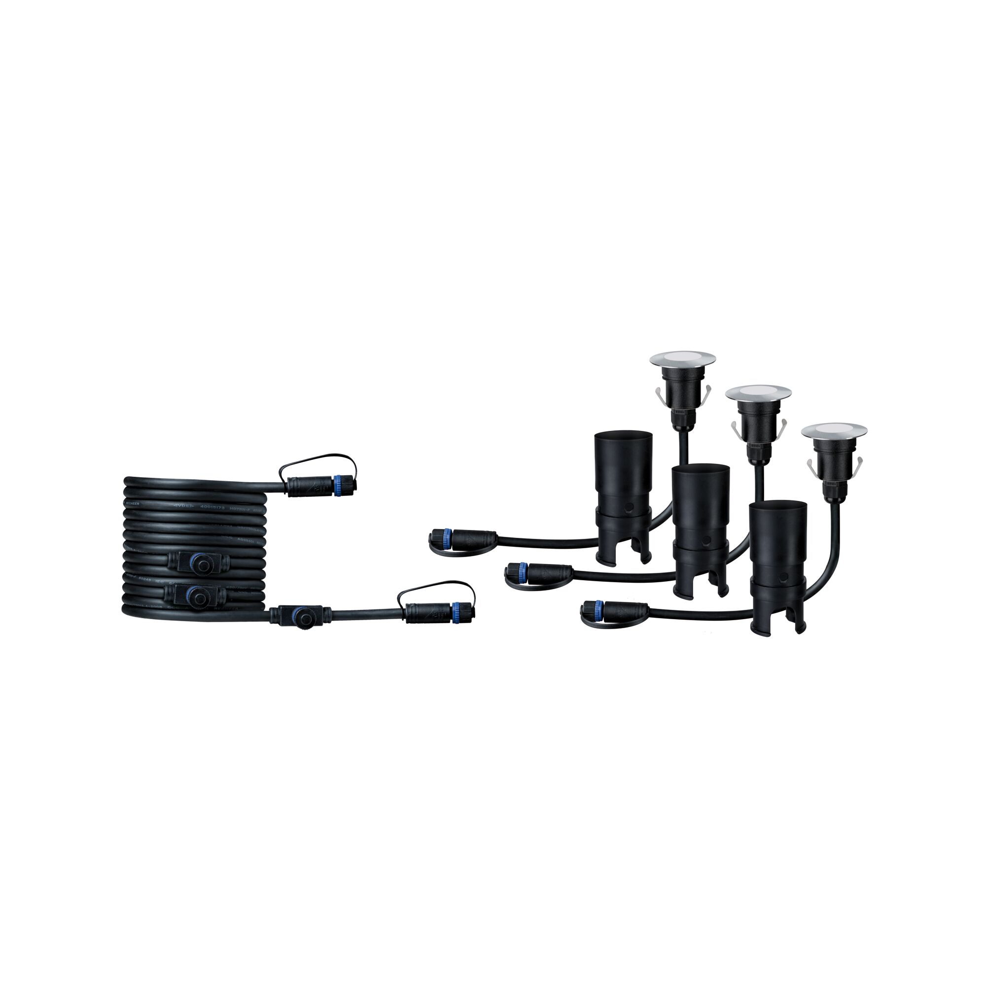 Black LED garden lighting set with cable and three recessed outdoor lights for landscaping.