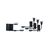 Ensemble d'éclairage LED de jardin noir avec câble et trois spots encastrés pour extérieur.