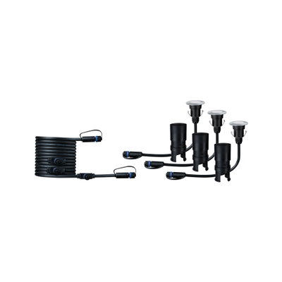 Ensemble d'éclairage LED de jardin noir avec câble et trois spots encastrés pour extérieur.