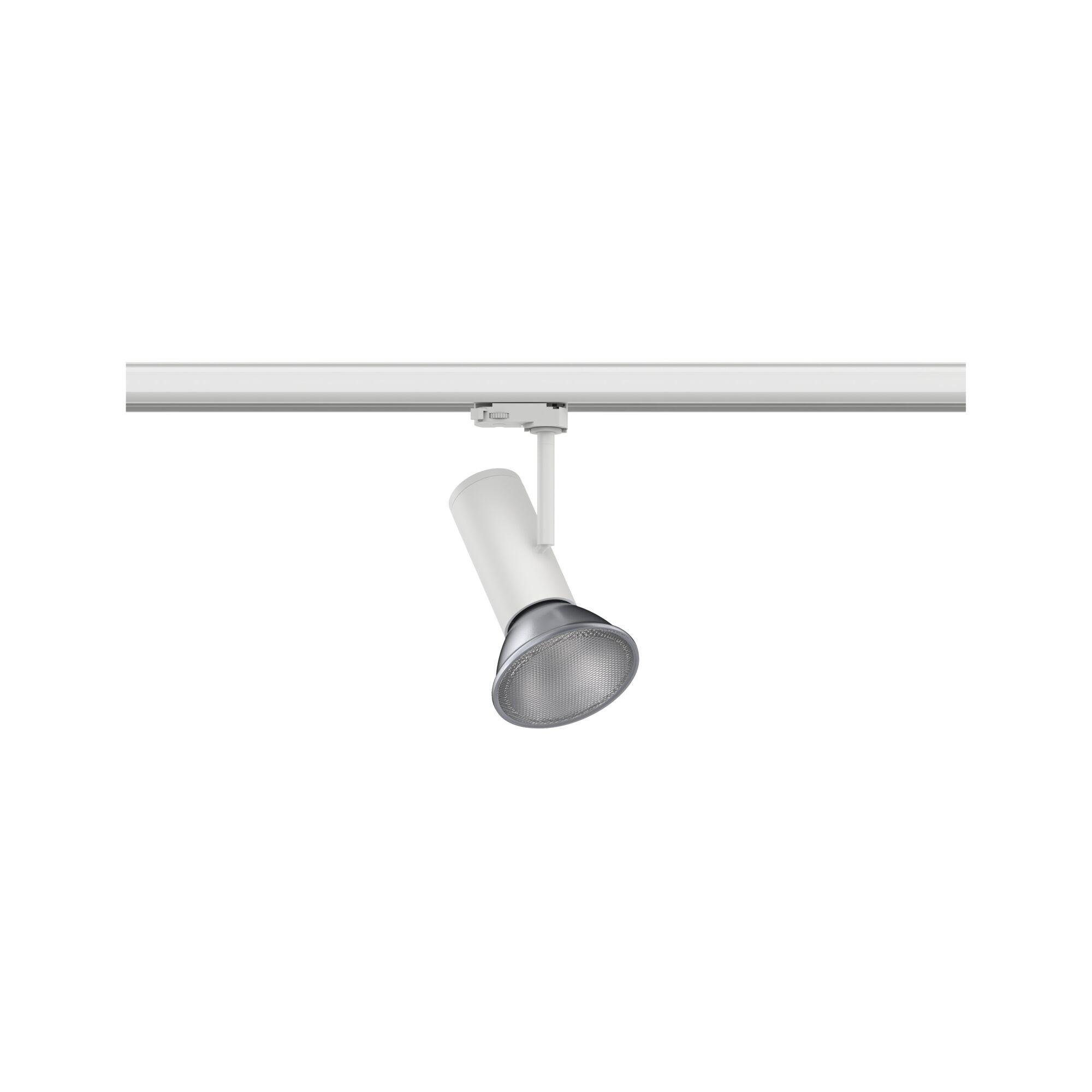 Weißer LED-Strahler aus Metall an Schienensystem für flexible Beleuchtung im Innenraum