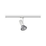 Weißer LED-Strahler aus Metall an Schienensystem für flexible Beleuchtung im Innenraum