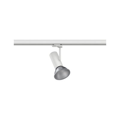 Weißer LED-Strahler aus Metall an Schienensystem für flexible Beleuchtung im Innenraum
