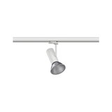 Weißer LED-Strahler aus Metall an Schienensystem für flexible Beleuchtung im Innenraum