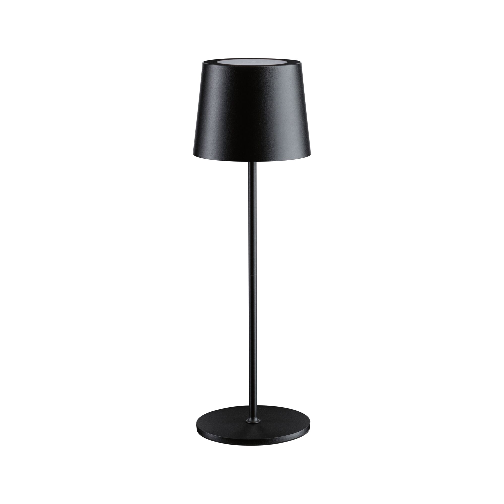 Schwarze Tischleuchte aus Metall mit rundem Sockel und zylindrischem Lampenschirm für moderne Beleuchtung