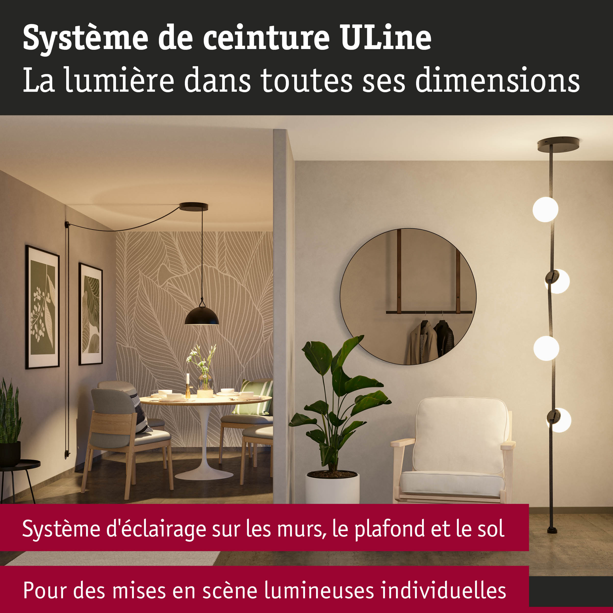 Salon moderne avec système d'éclairage ULine sur murs, plafond et sol diffusant une lumière chaude.