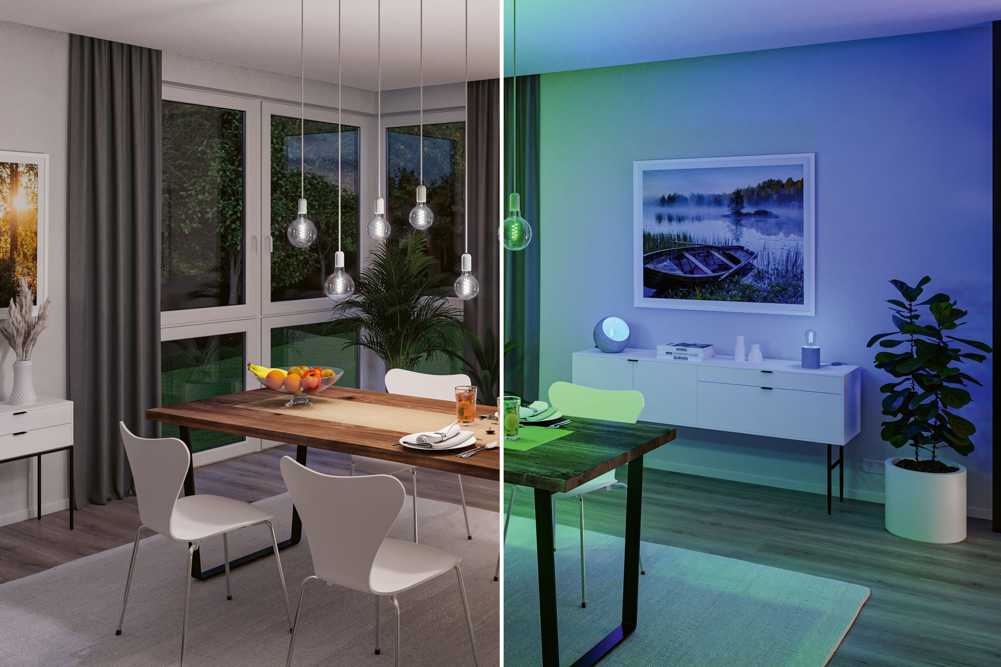 Moderne eetkamer met houten tafel en stoelen onder stijlvolle plafondverlichting voor woonverlichting