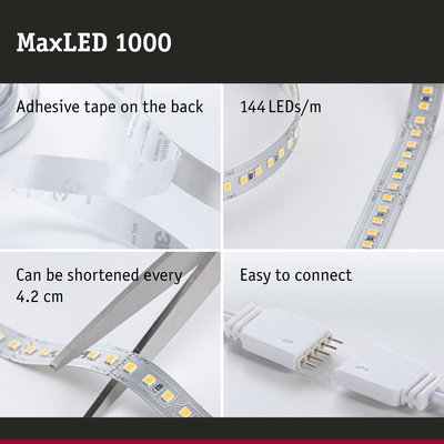 MaxLED 1000 LED strip with 144 LEDs/m, adhesive backing, cuttable every 4.2 cm, easy to connect