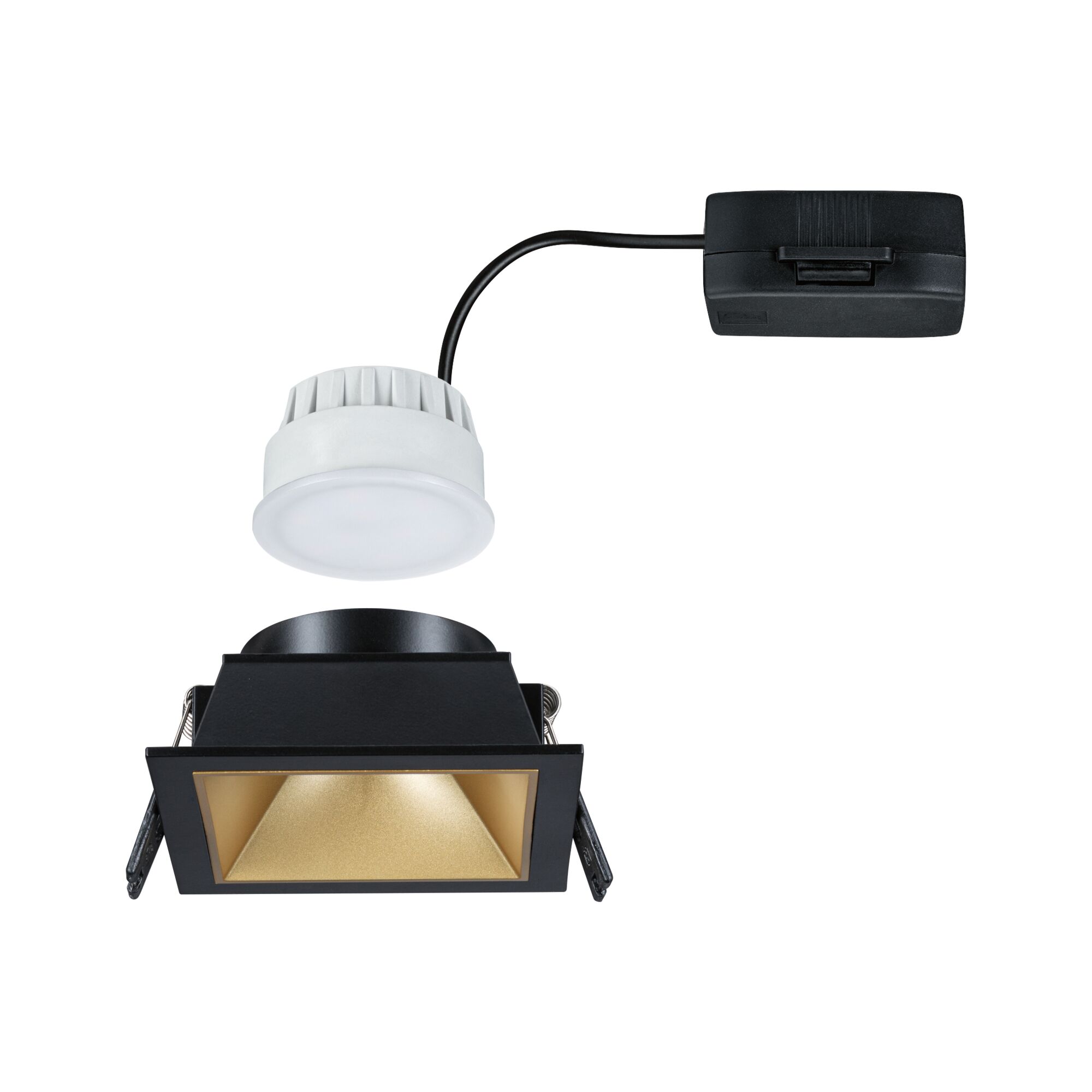Schwarzer quadratischer Einbaustrahler mit goldfarbenem Reflektor und weißem LED-Modul aus Kunststoff