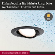 Schwarze Einbauleuchte mit wechselbarem LED-Coin und warmweißem Licht 2700K, 470lm