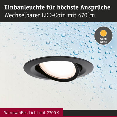 Schwarze Einbauleuchte mit wechselbarem LED-Coin und warmweißem Licht 2700K für Wohnräume