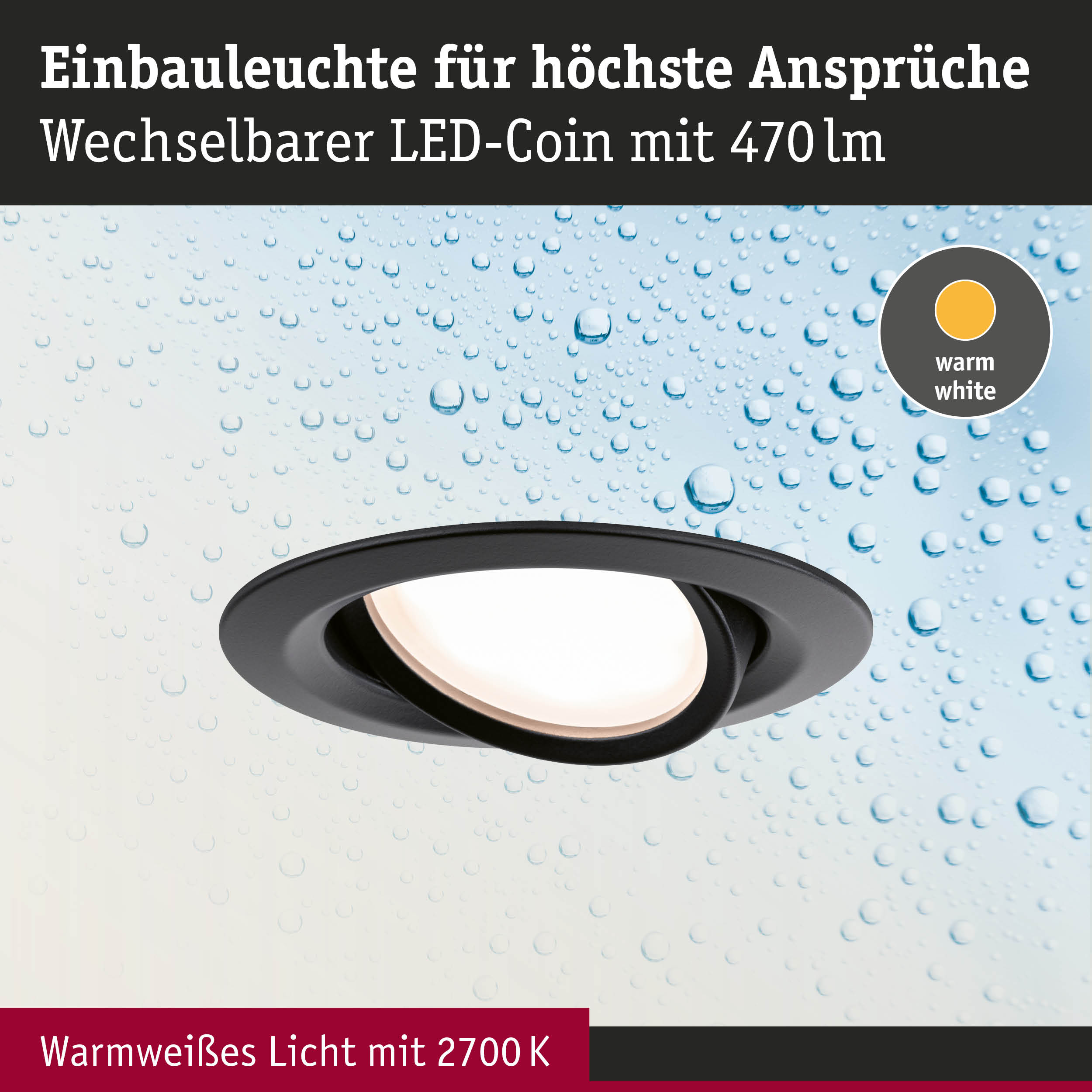 Schwarze Einbauleuchte mit wechselbarem LED-Coin und warmweißem Licht 2700K, 470lm