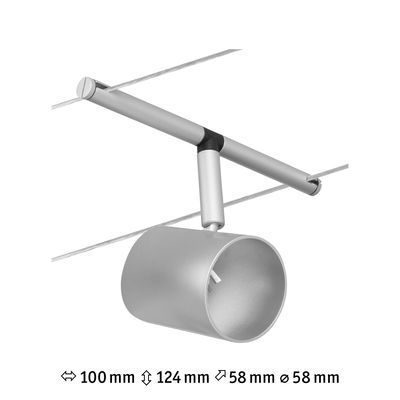 Silberner LED-Seilstrahler aus Metall mit zylindrischem Leuchtenkopf und verstellbarer Halterung für moderne Beleuchtung.