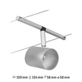 Silberner LED-Seilstrahler aus Metall mit zylindrischem Leuchtenkopf und verstellbarer Halterung für moderne Beleuchtung.