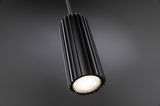 Black aluminium pendant light with ribbed design and warm white LED for modern interior lighting