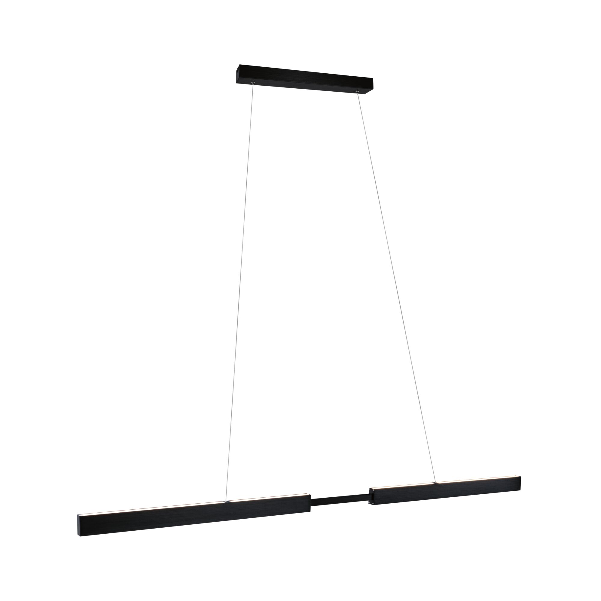Modern black metal LED pendant light with two long bars, ideal for stylish living spaces