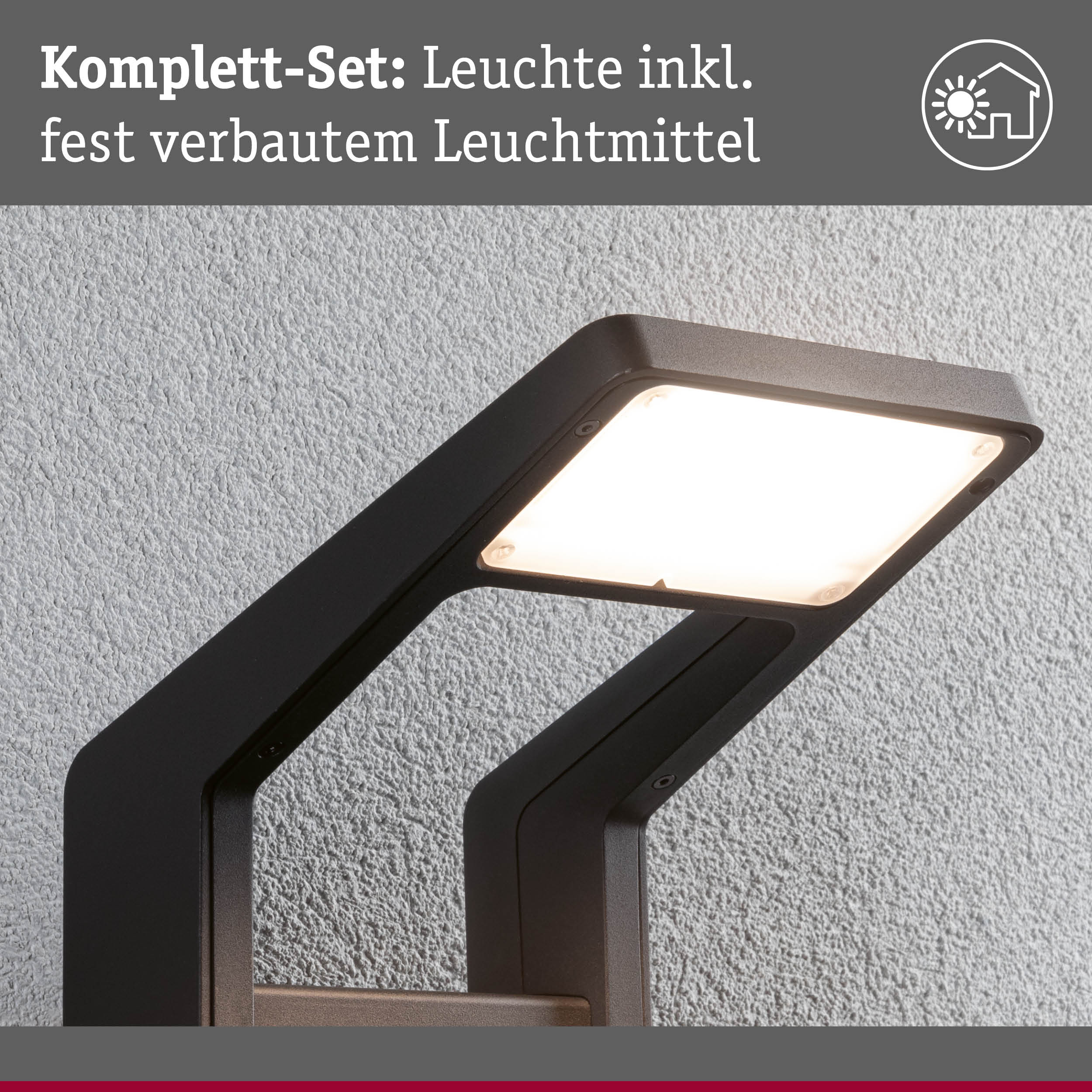 Schwarze LED-Außenleuchte mit integriertem Leuchtmittel an strukturierter Wand für Gartenbeleuchtung