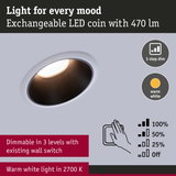 Dimmable LED recessed spotlight with warm white 2700K light and 3-step dimming via wall switch