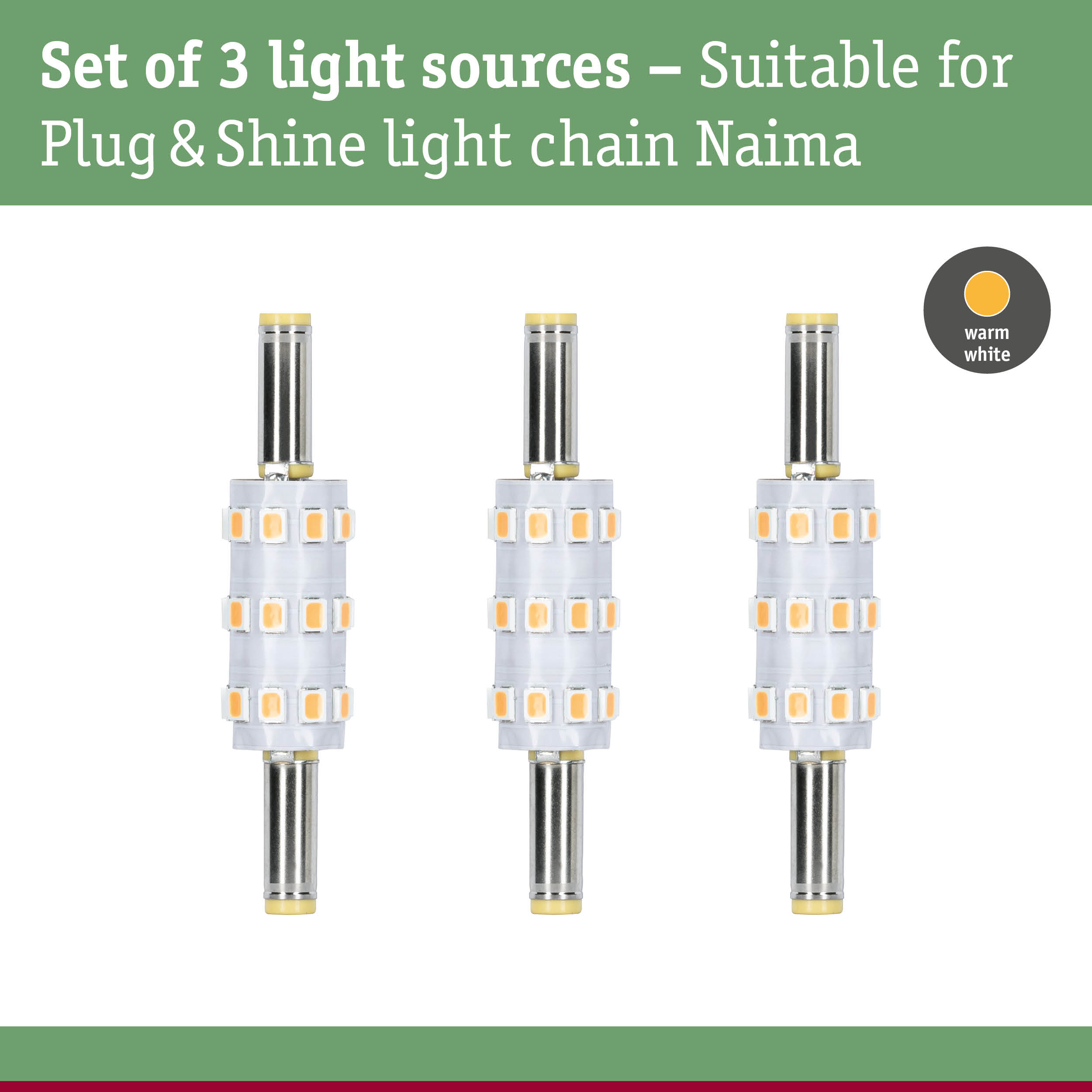 Set of 3 warm white LED light sources for Plug & Shine Naima light chain in white and silver