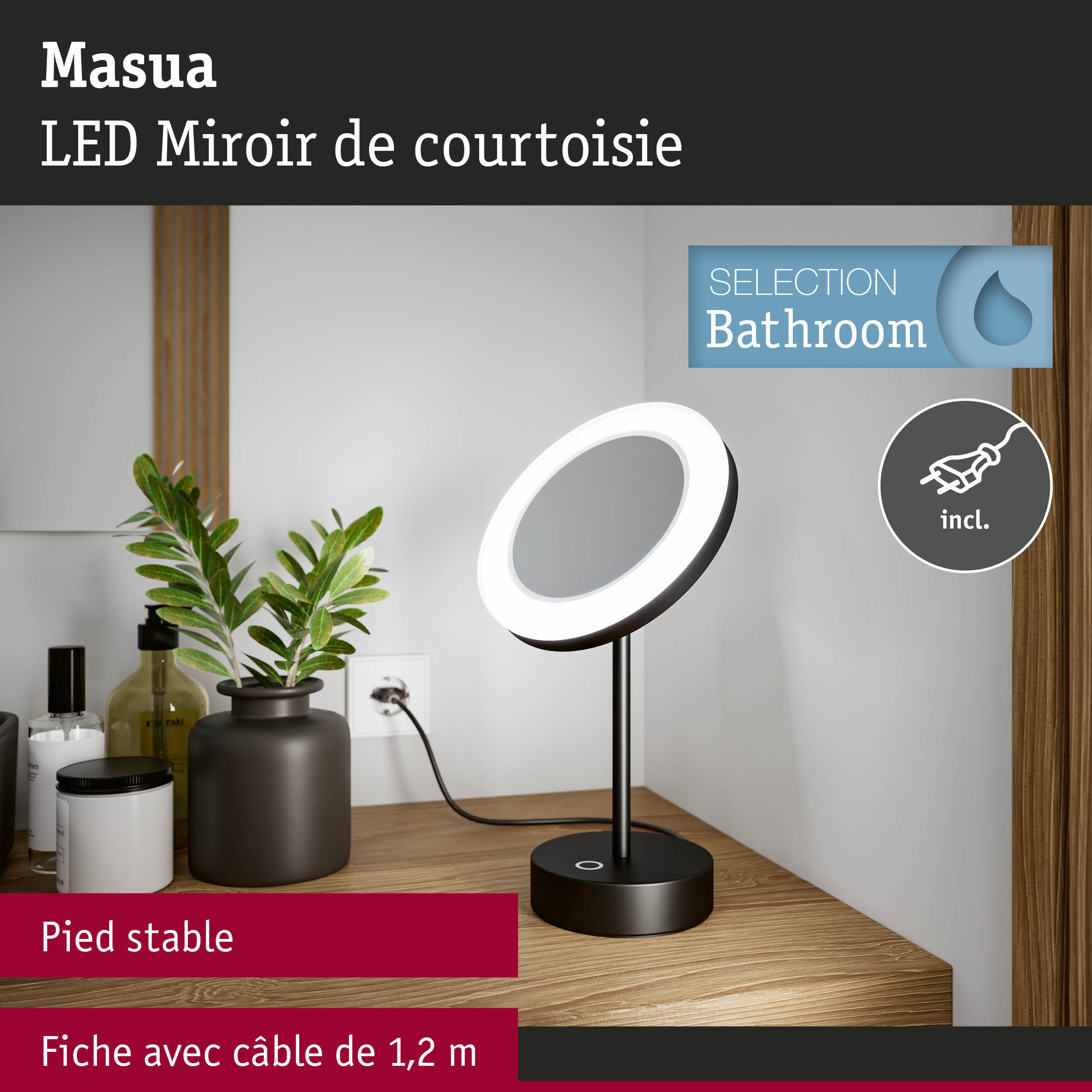 Miroir de courtoisie LED Masua avec pied stable noir et câble de 1,2 m pour salle de bain